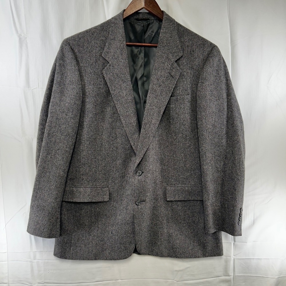Austin Reed Blazer Mens 44L Grey Herringbone Virgin Wool Union Made Sport Coat